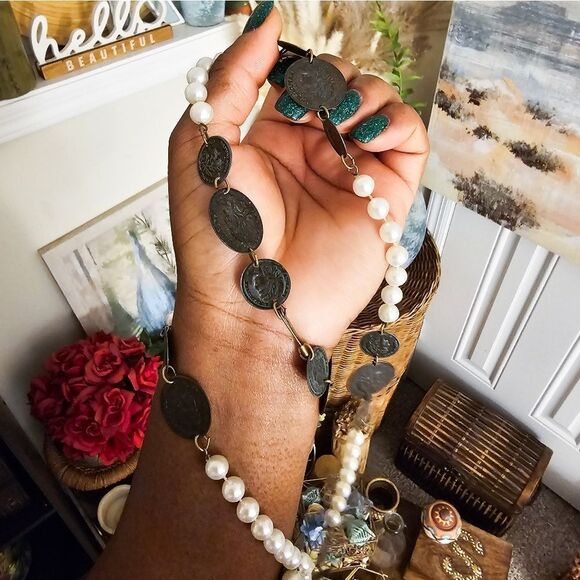 VTG French Republique Francaise Faux Pearl Antique Coin Dangle Statement Neckla - Picture 13 of 15